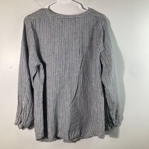 Womens J Jill Linen 1/2 Button V Neck Striped Tunic Gray White LP Long Sleeve - Picture 2 of 9